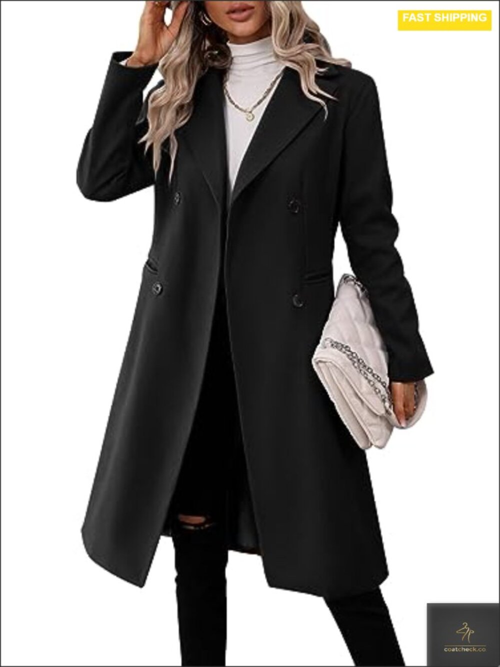 Women Long Double Breasted Pea Coat Winter Slim Fit Wool Blend Lapel Collar
